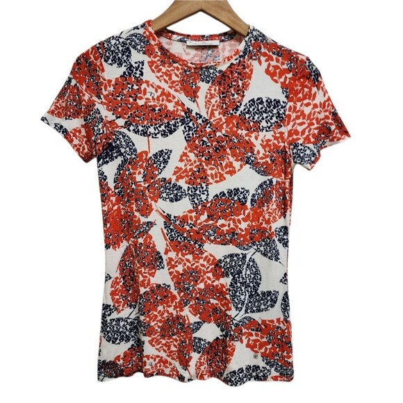 Carolina Herrera Top Women XS Red Blue Floral Short Sleeve Stretch Pullover Logo - Picture 1 of 8